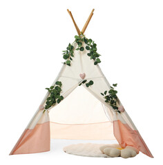 Stylish wigwam for child's room with leaves and pillow isolated on white © New Africa