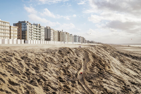 Sand dunes and white beach huts on Koksijde beach, Belgium