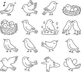 Fototapeta premium Bird behaviors line icons, vector set illustrating bird singing, flying, landing, nesting, feeding chicks, preening, and bathing, clean minimal design for wildlife and nature concepts