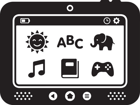 Black silhouette icon of a child's educational tablet displaying various app icons for learning and play, isolated on white background, representing digital education and entertainment.