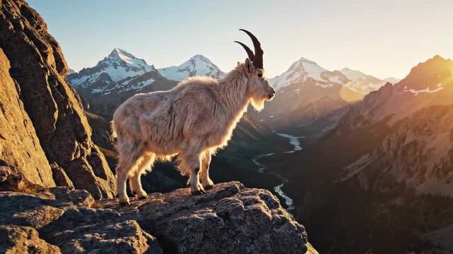 Majestic mountain goat wildlife and nature scenery overlooking a sunset valley