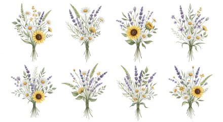 Fototapeta premium Watercolor floral bouquets with sunflowers, daisies, and lavender on transparent background