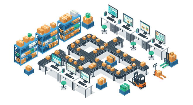 An isometric illustration depicts a warehouse with conveyor belts forming a dollar sign, stocked shelves, computer workstations, and forklifts.