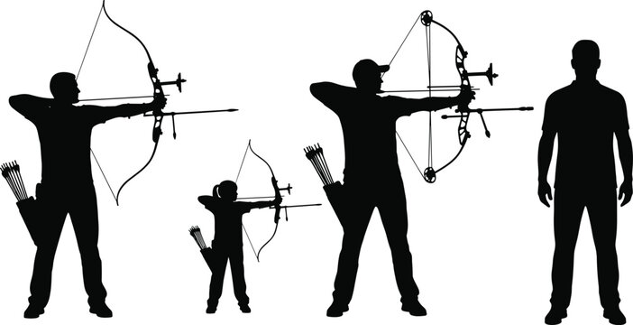 Archery family sports silhouette collection featuring professional archers using recurve and compound bows with arrows for target practice competition and outdoor athletic leisure hobby