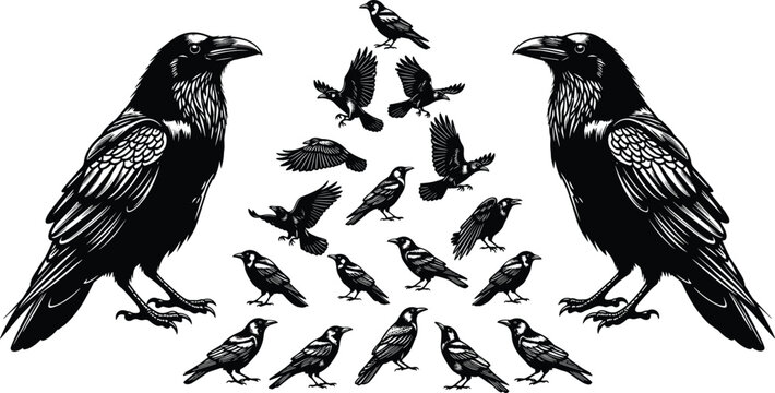 Detailed black and white engraving of two large ravens framing a central flock of small crows and magpies in a symmetrical gothic composition