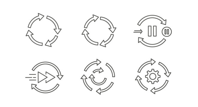 Cycle Process Icons Set: Workflow, Automation, Playback, and Continuous Loop Symbols