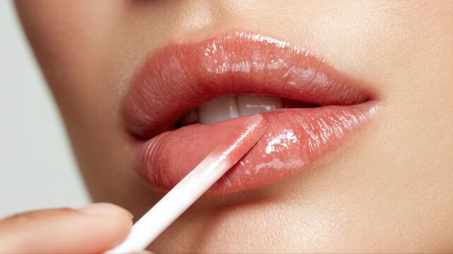 Female applying lip gloss with applicator to enhance lips, showcasing a close-up view of the glossy finish and smooth texture in a well-lit setting