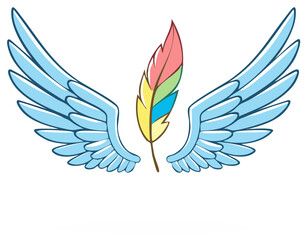 Fototapeta premium Whimsical cartoon wings and vibrant multicolored feather illustration flying concept