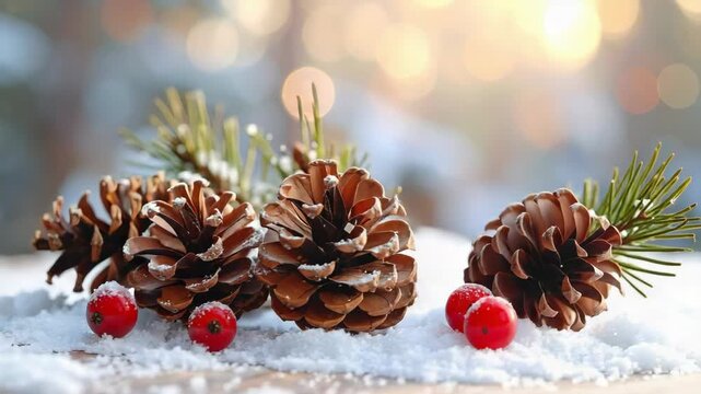 Christmas Holiday Decoration with Pine Cones, Snow, and Bokeh Lights