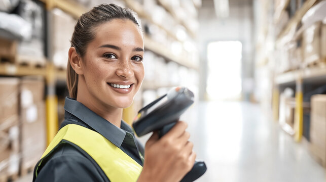 Warehouse worker scanning inventory with barcode reader in logistics aisle