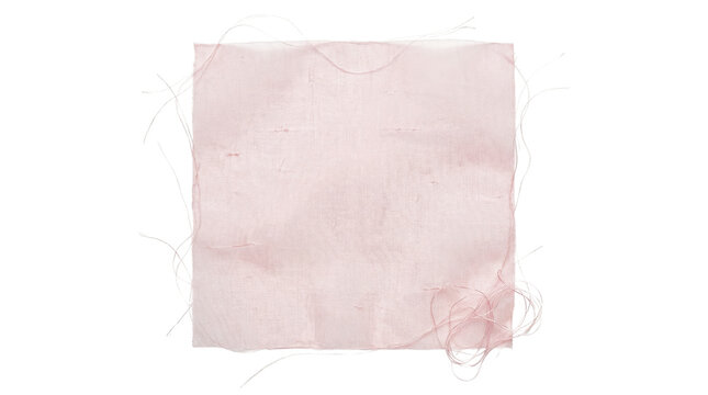 Square swatch of pale pink silk fabric with loose threads