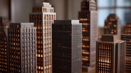 Fototapeta premium Close up of miniature illuminated skyscrapers creating a cozy urban scene within an art studio
