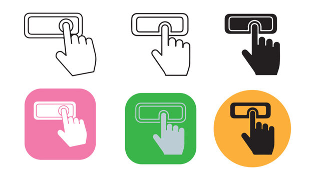 Set of six different hand cursor icons pointing at clickable buttons for user interface design elements