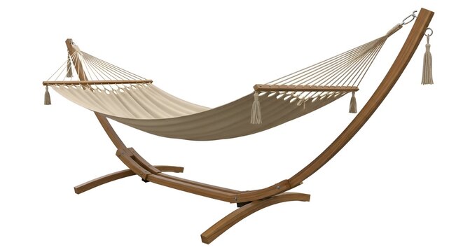 Beige hammock on wooden stand with tassels fabric