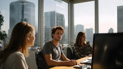 Naklejka premium Professionals collaborate in a modern office with a city skyline view bathed in natural sunlight