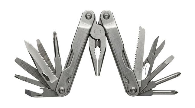 Steel multi tool with pliers and various blades isolated