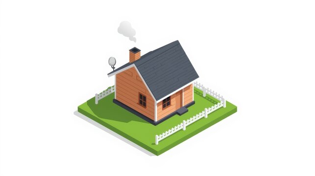 An isometric view of a small suburban house with a chimney and a white picket fence on the lawn isolated on white background