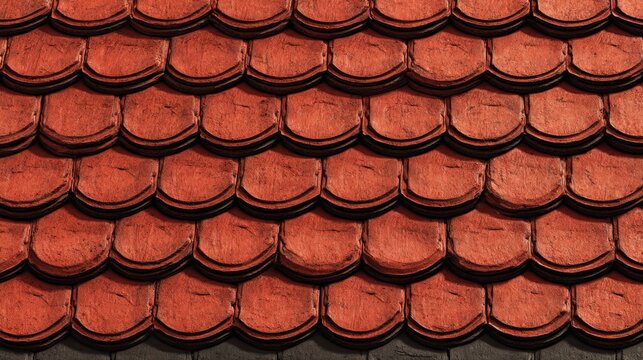 ornamental fishscale red clay tiles create decorative scallop texture and repeating pattern, suited for historic architecture, restoration projects and elegant backgrounds with artisan character.