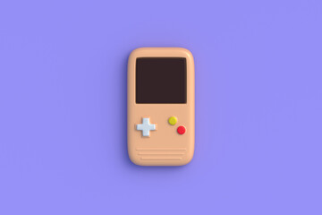 Portable game console on violet background. Pocket device for entertainment. Digital toy. Top view. 3d render © OlekStock