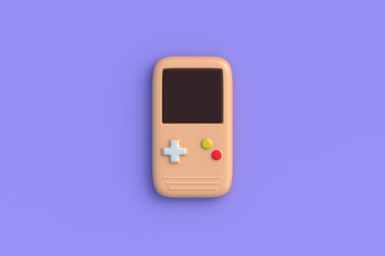 Portable game console on violet background. Pocket device for entertainment. Digital toy. Top view. 3d render