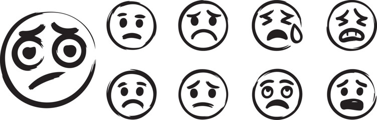 Obraz premium Drawn Sad Faces Emoji Collection Expressing Various Negative Emotions and Distress Simple Doodle Style