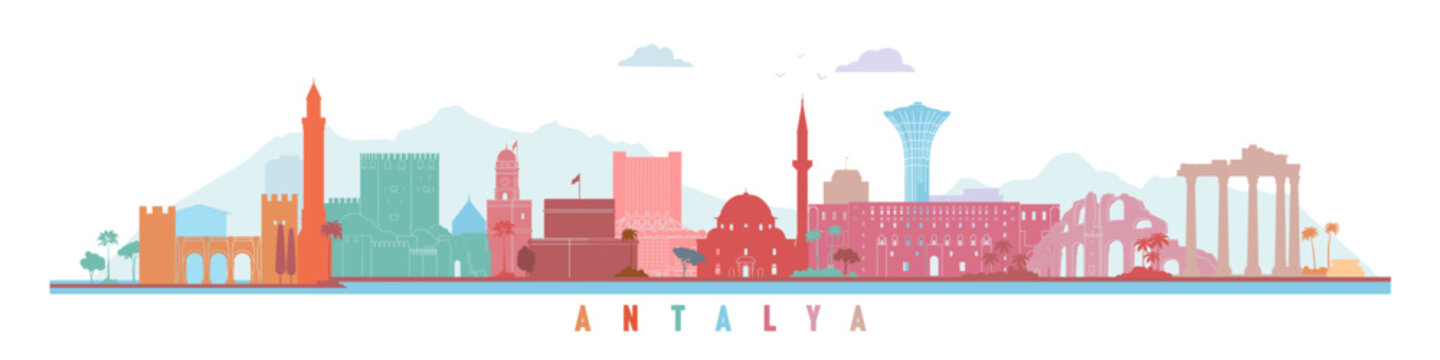 Antalya city landmarks on white background colorful vector silhouettes travel and tourism concept, Turkey