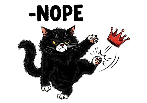 Black cat playfully rejects a red crown with a funny expression and bold "nope" text.