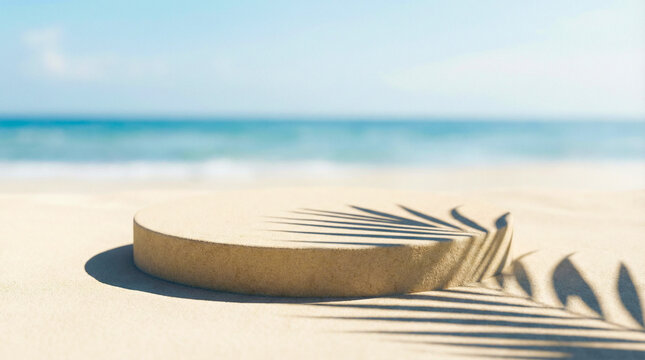 Minimalist circular sand podium on sunny beach with palm leaf shadow and blurred ocean background for cosmetic product presentation empty summer platform.