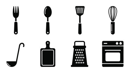 A collection of black kitchen utensils and appliances are displayed against a white background a striking silhouette high quality professional detailed © MDTauhidul