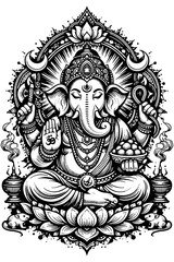 Fototapeta premium Hindu God Ganesha Lotus Pose Tattoo Style Artwork