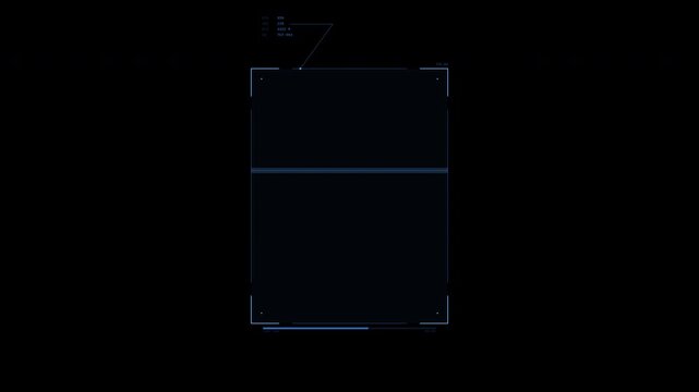 Futuristic holographic interface displaying data on black background with digital elements and scanning line.