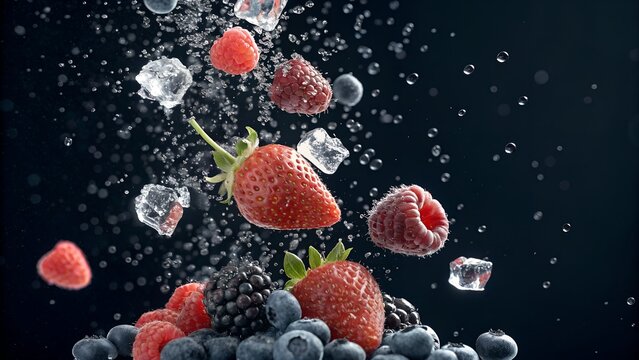  frozen fruit rain effect, falling ice particles, pitch black background