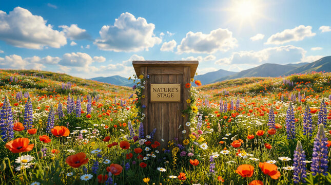 Wooden outhouse with nature's stage sign in a vibrant wildflower field, sunny day, blue sky, clouds, rolling hills, and majestic mountains.