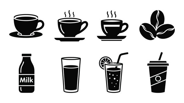 A collection of black silhouettes depicting coffee tea milk and various beverages with complementary elements silhouette high quality professional detailed modern