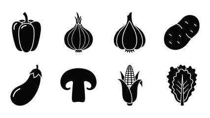 A collection of various vegetable shapes including peppers onions potatoes and mushrooms rendered as a striking silhouette high quality professional detailed © MDTauhidul