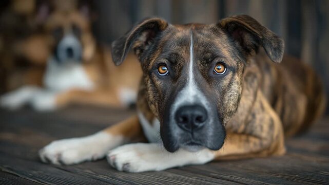 A close-up of a large dog relaxing on dark-stained hardwood flooring, expressive eyes gazing toward the camera, shallow depth of field isolating the subject, with another dog curle