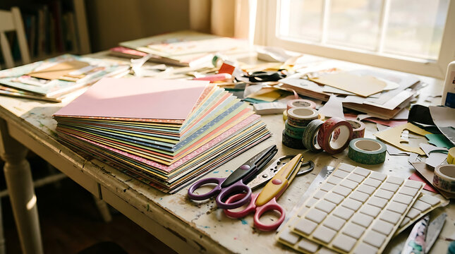 Creative crafting supplies with stacks of colored paper, scissors, and washi tape arranged on a well-lit workspace table