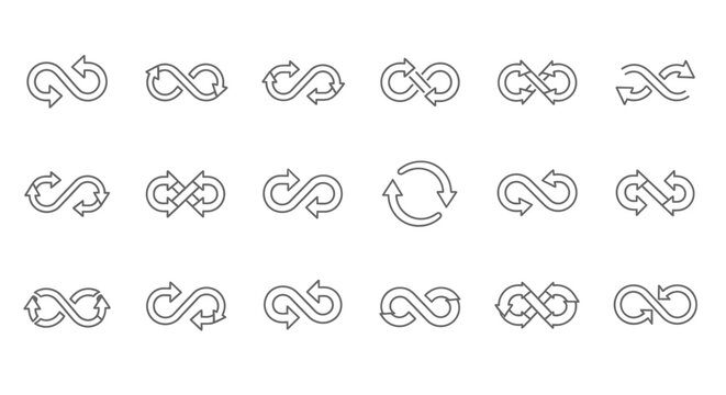 Infinity loop arrows icons set, continuous cycle symbols, repeat refresh sign collection