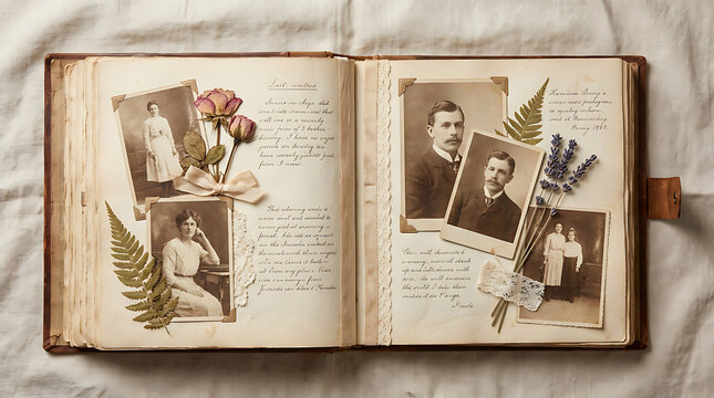 Vintage Scrapbook Album Filled with Old Photographs, Dried Flowers, and Handwritten Memories