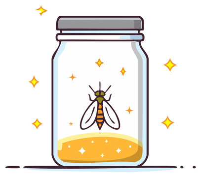 Charming firefly illustration glowing brightly inside a clear glass jar with sparkles