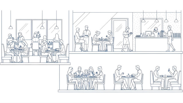 People Eating and Ordering Food, Families Sitting at Tables, Architectural Elevation Blue Line Drawing, White Background, Vector Illustration