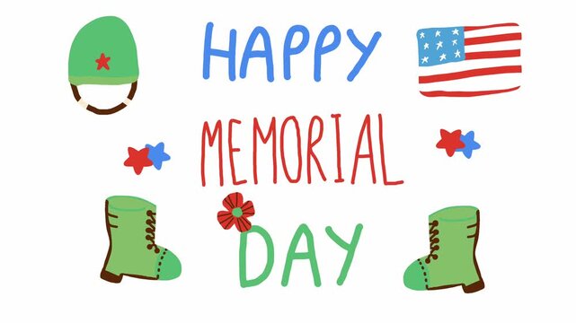Animated cartoon Memorial Day illustration with helmet boots and flag, patriotic symbols celebrating remembrance and holiday tribute