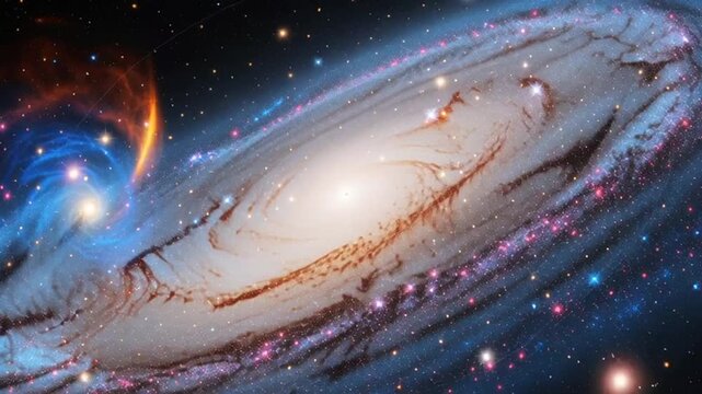Vibrant spiral galaxy with bright core and swirling blue orange clouds in deep space