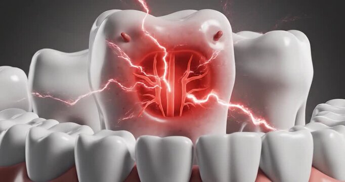 Medical illustration of severe toothache and dental pulp inflammation