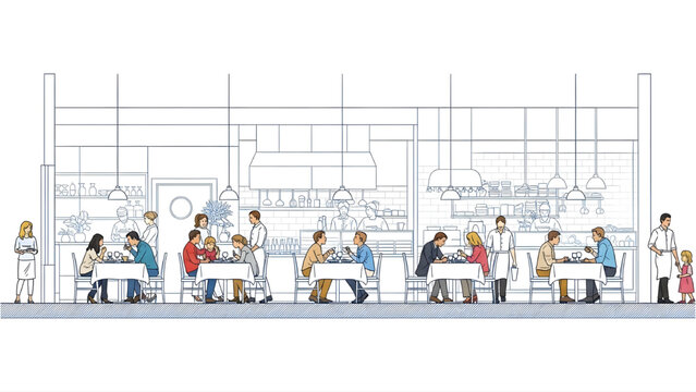 People Eating and Ordering Food in Restaurant, Families Sitting at Tables, Architectural Elevation Blue Line Drawing, White Background, Vector Illustration