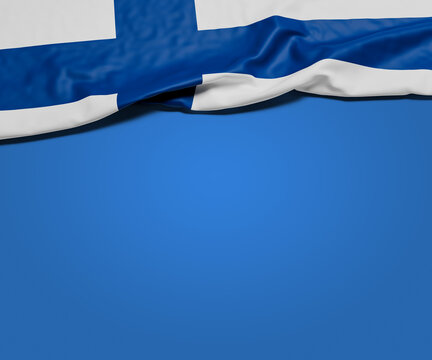 The wrinkled flag of Finland draped onto a flat blue background with shadow. Copy space for message