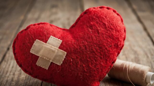 Felt red heart with bandage and sewing needle in vibrant red representing healing and World Health Day