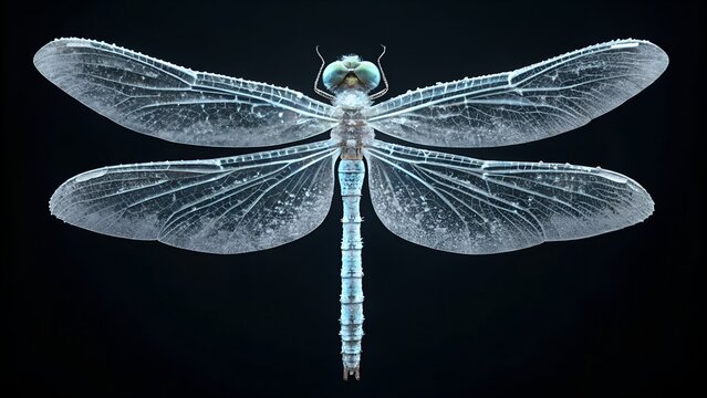 frozen dragonfly, transparent icy wings, pitch black background