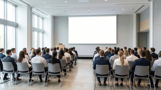 Large group of business people sitting in a modern bright conference hall with blank white projector screen mockup for presentation