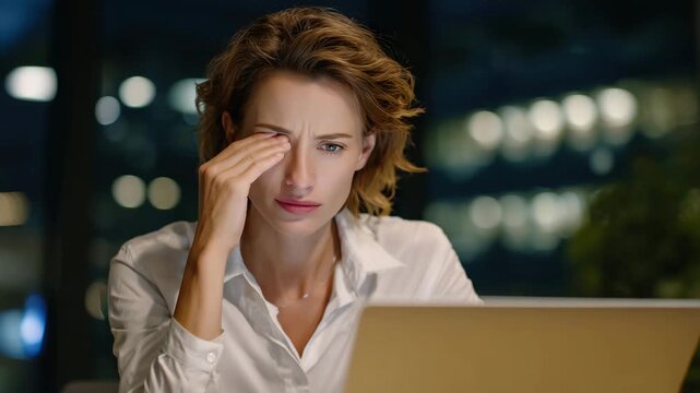 Cinematic shot of an exhausted woman rubbing her eyes while staring at a bright laptop screen, cool monitor light contrasting with the dark surroundings, digital clock in the backg